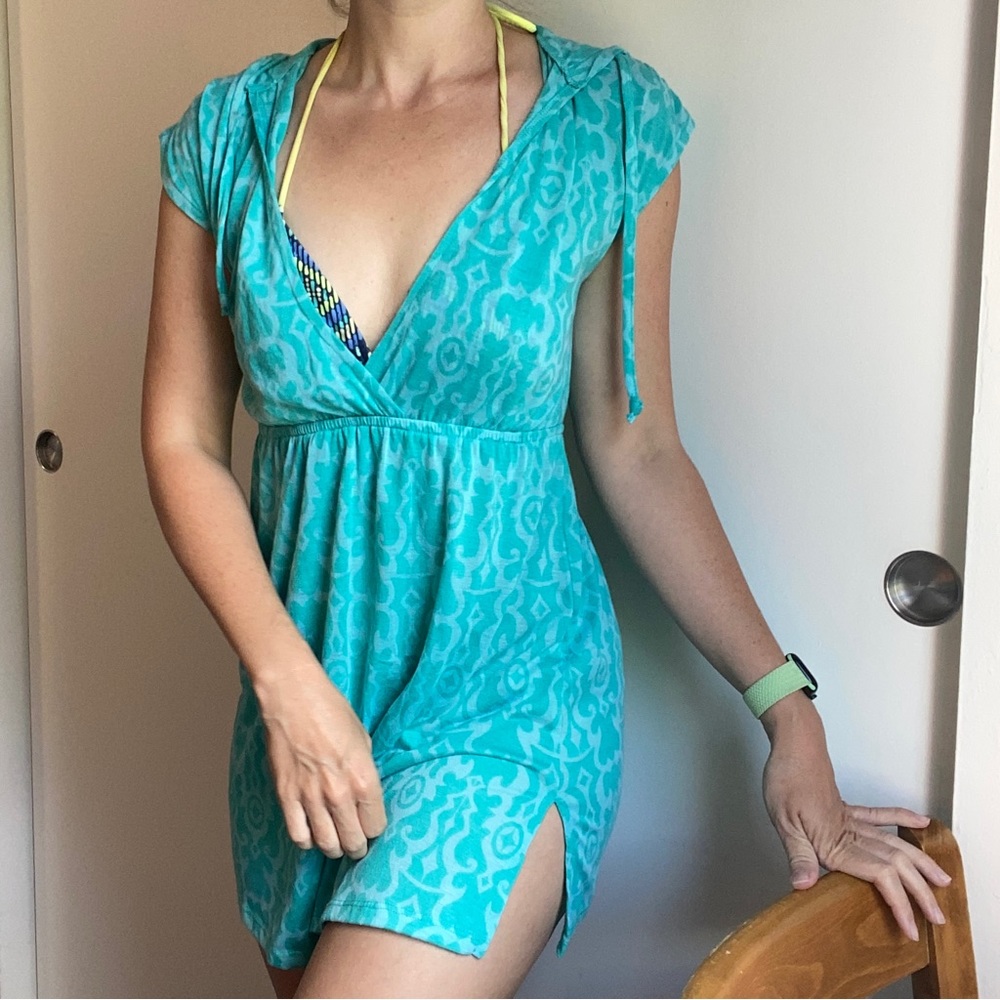 Balance beach coverup: teal damask sheer hooded babydoll dress